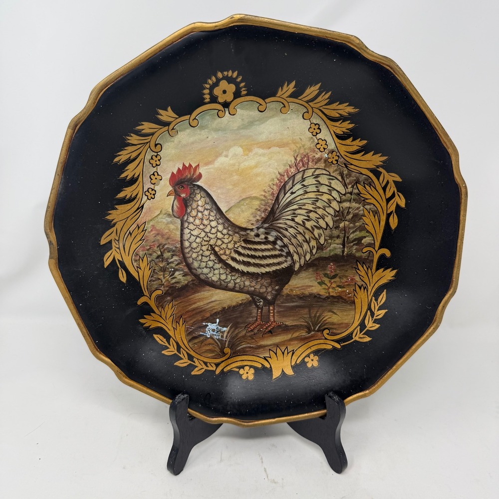 Vintage Rooster Decorative Display Plate Black Gold Scalloped Edge 12 Inch Stand